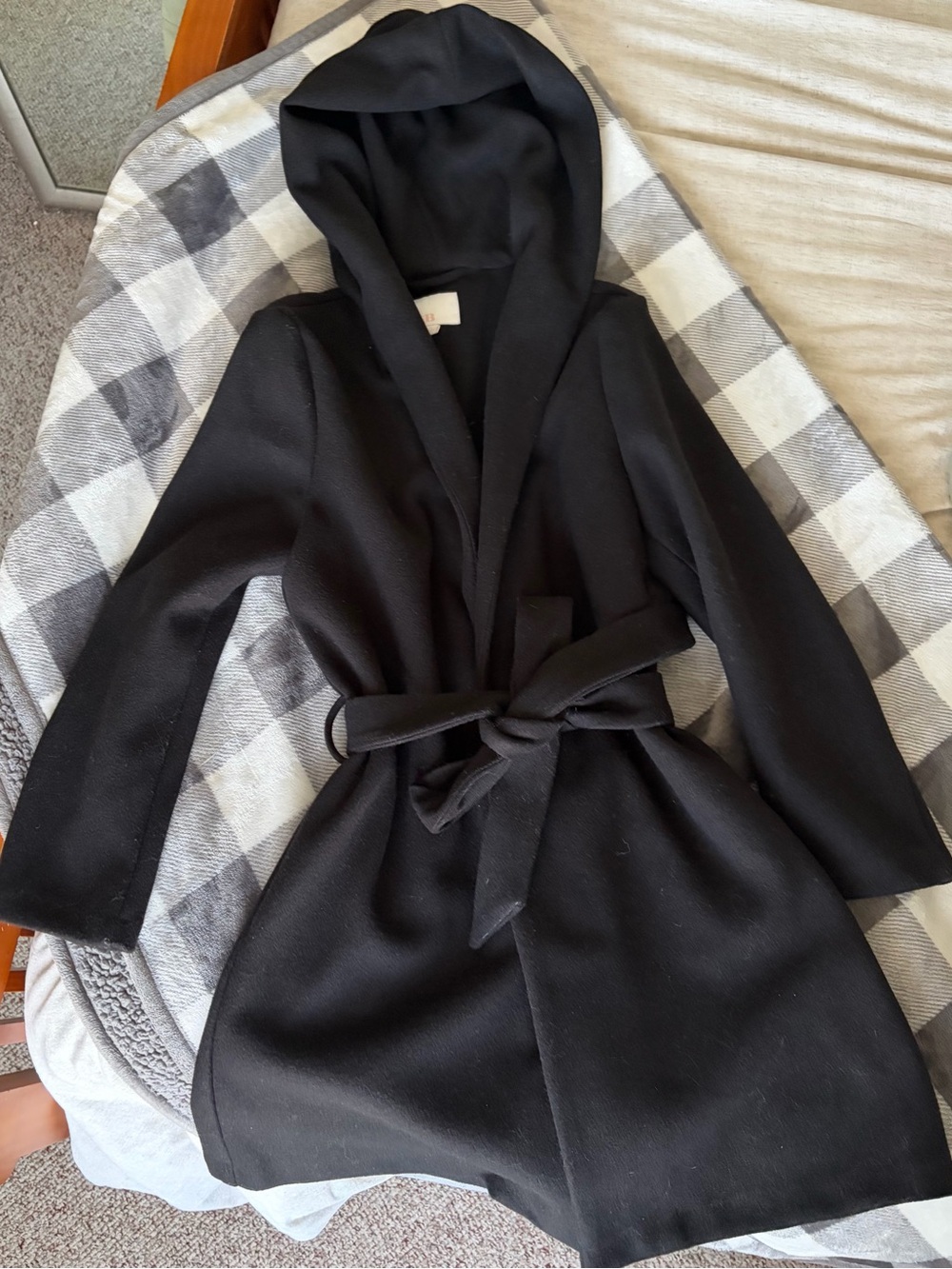 GB Black Hooded Wrap Trench Coat with Belt